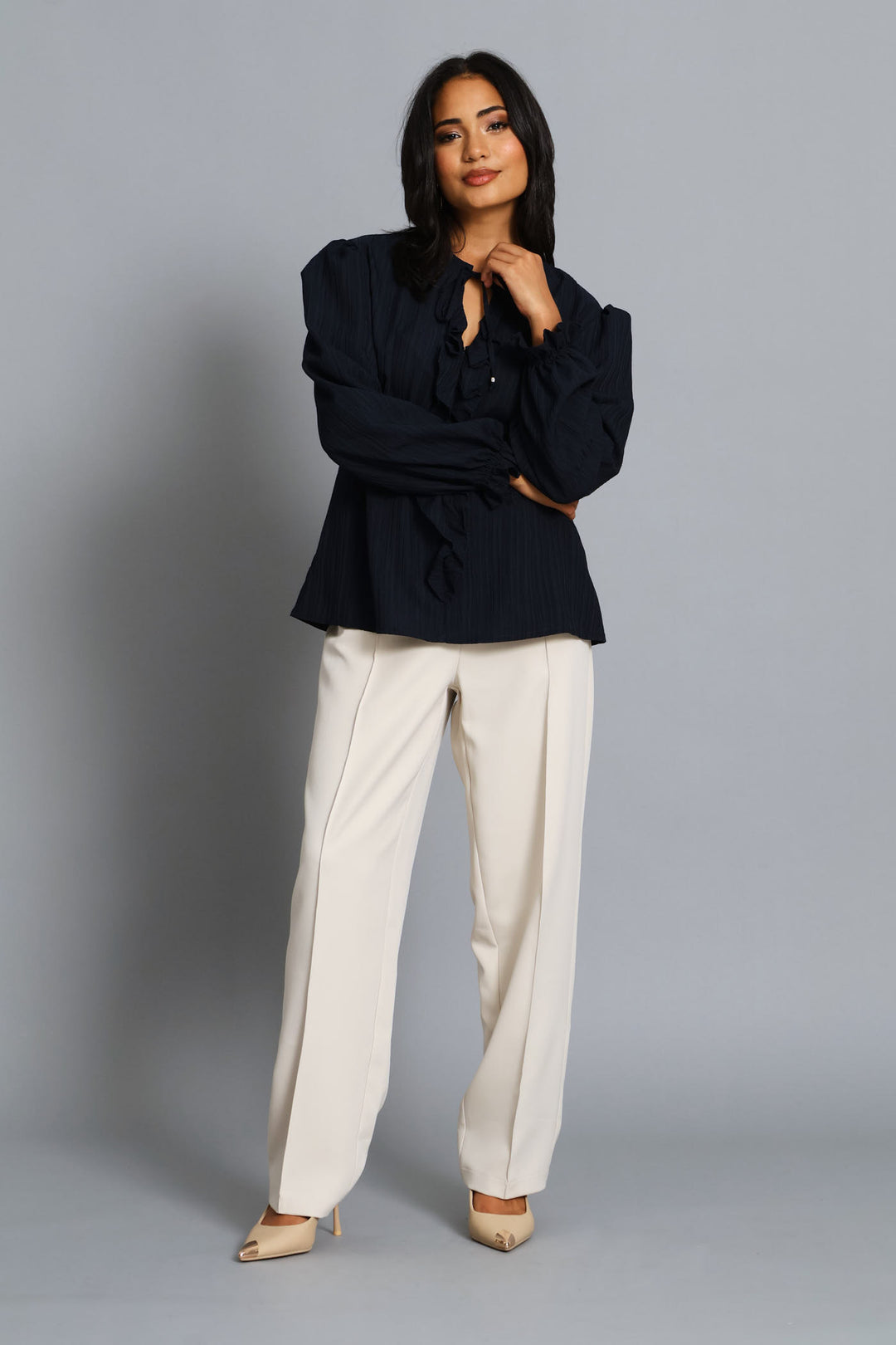 Tie Up Ruffle Textured Blouse - Dark Navy