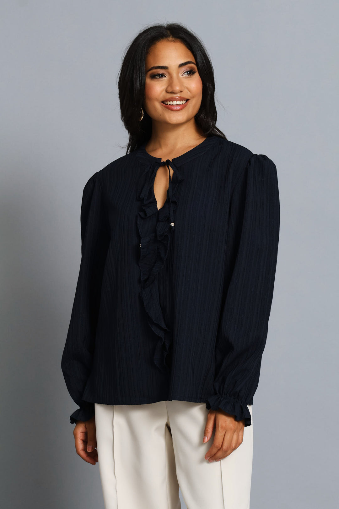 Tie Up Ruffle Textured Blouse - Dark Navy