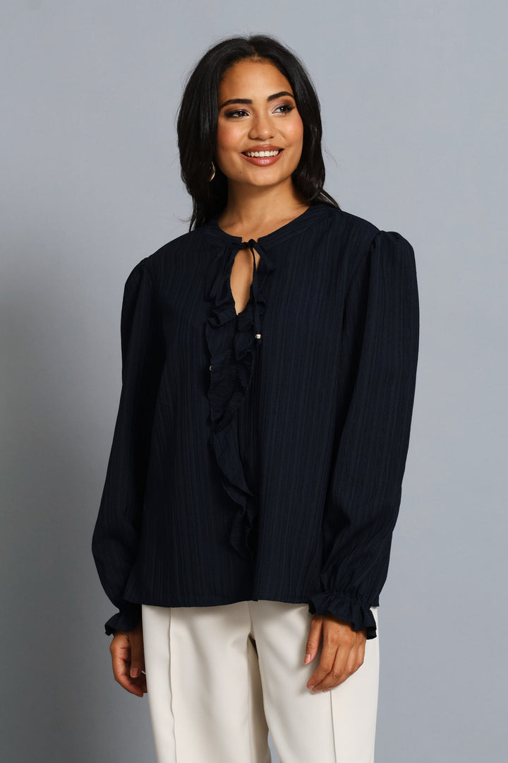 Tie Up Ruffle Textured Blouse - Dark Navy
