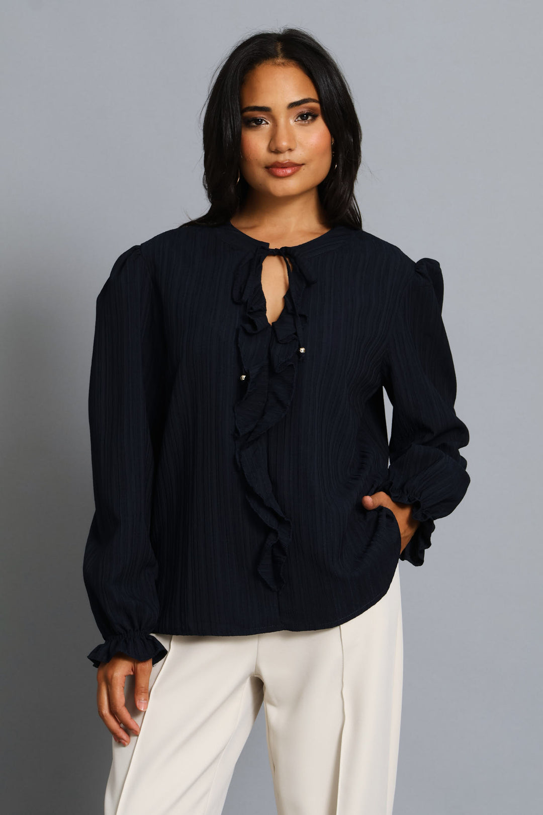 Tie Up Ruffle Textured Blouse - Dark Navy