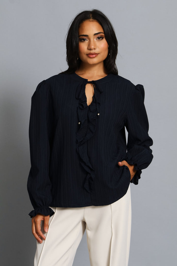 Tie Up Ruffle Textured Blouse - Dark Navy