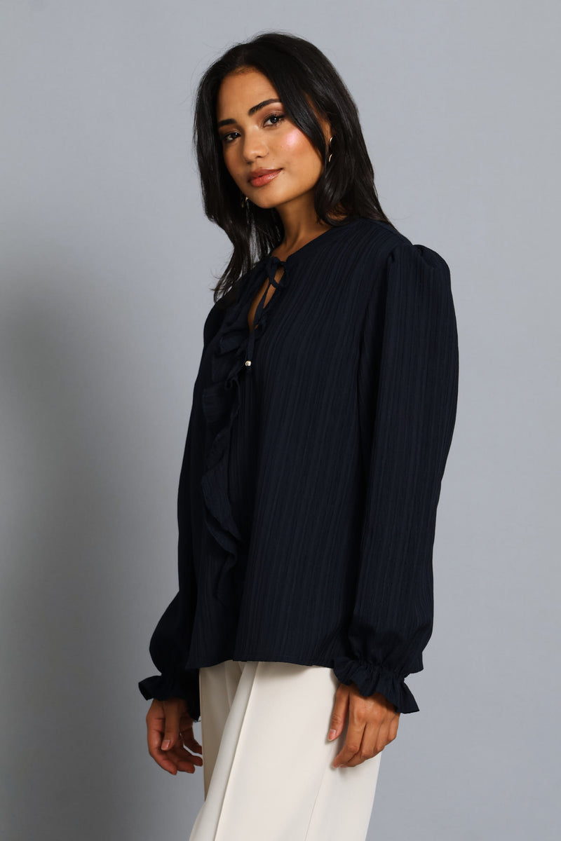 Tie Up Ruffle Textured Blouse - Dark Navy