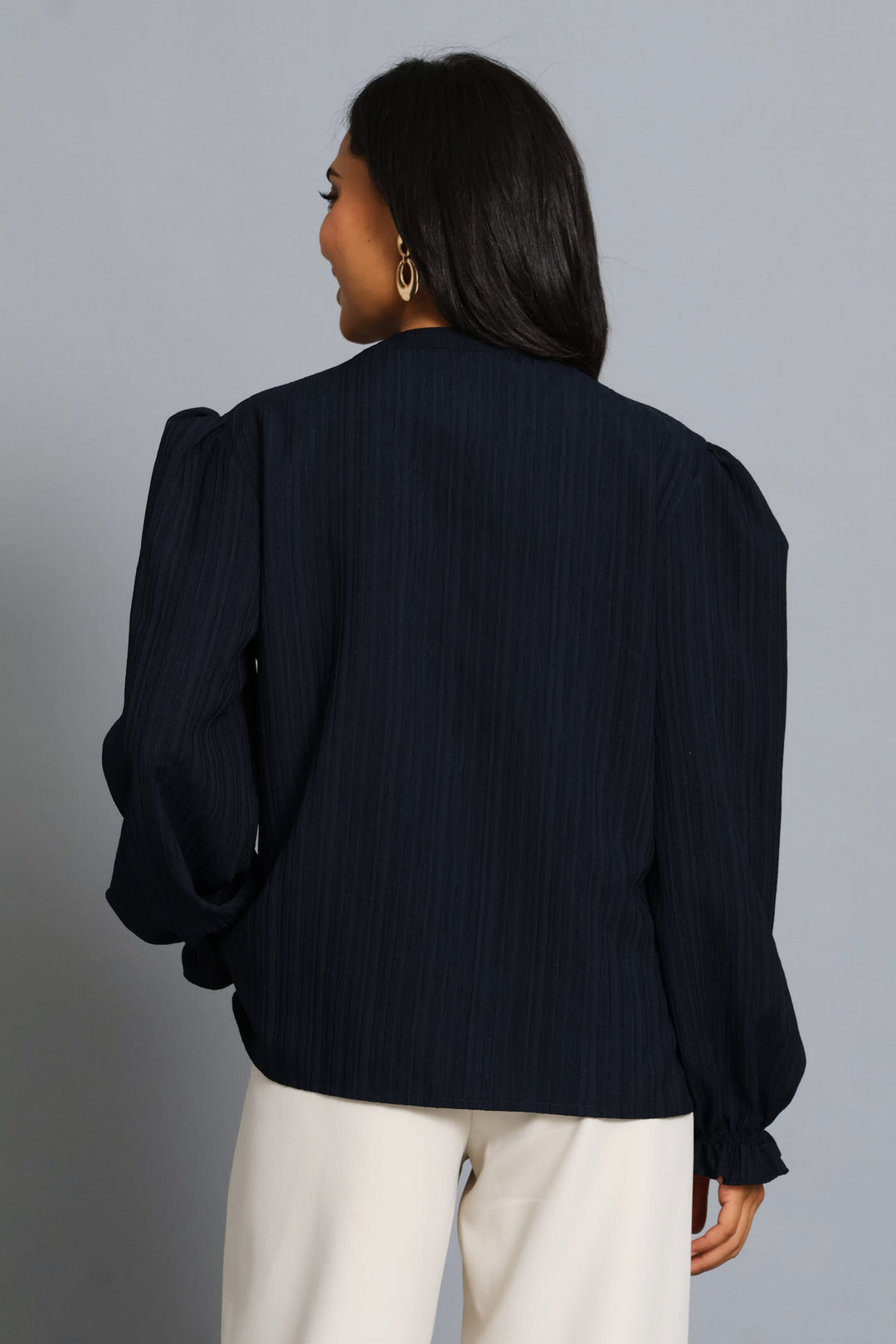 Tie Up Ruffle Textured Blouse - Dark Navy