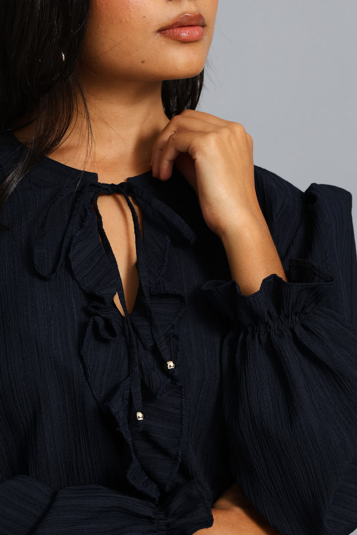 Tie Up Ruffle Textured Blouse - Dark Navy