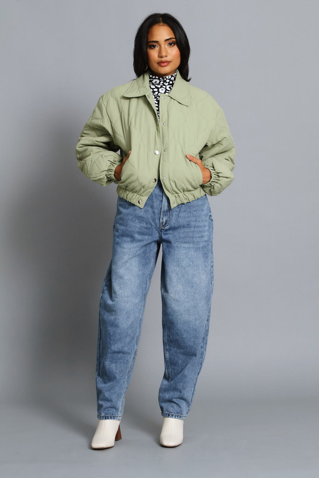 Crop Quilted Padded Bomber Jacket - Sage