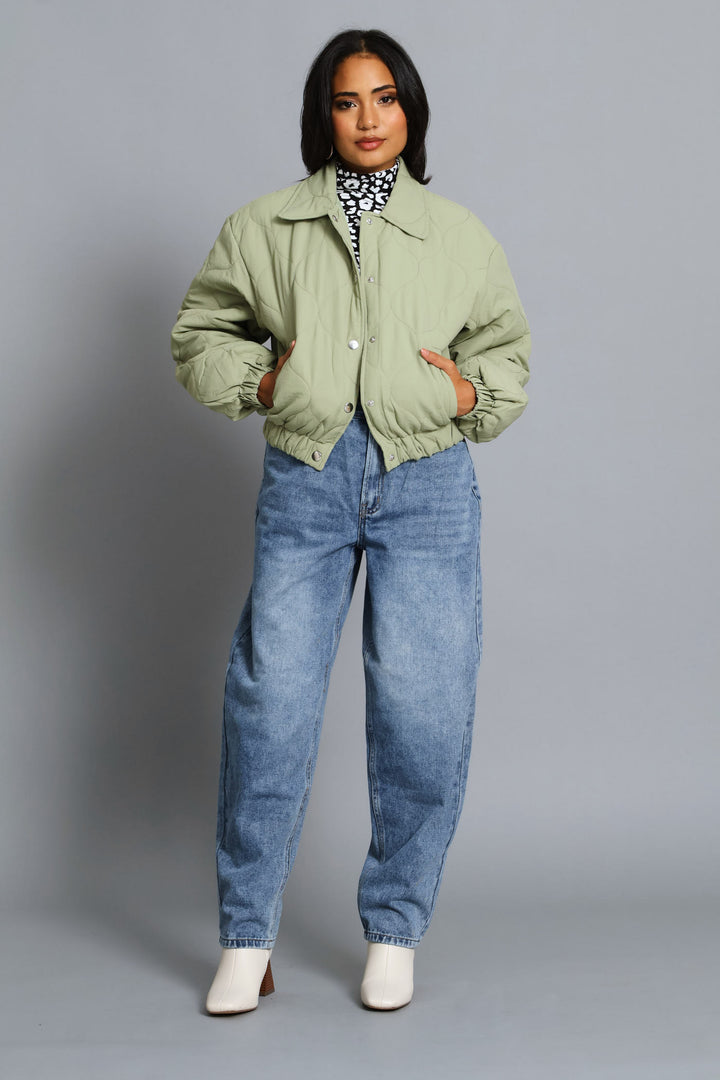Crop Quilted Padded Bomber Jacket - Sage