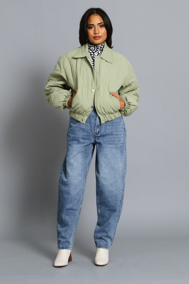 Crop Quilted Padded Bomber Jacket - Sage