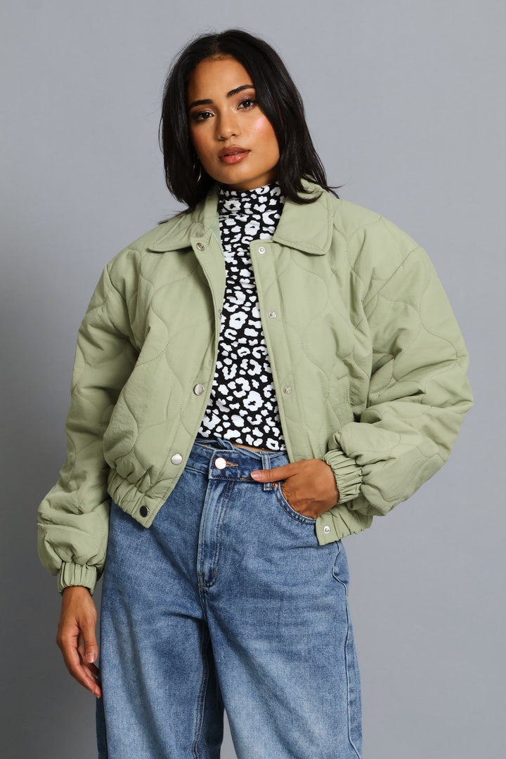 Crop Quilted Padded Bomber Jacket - Sage