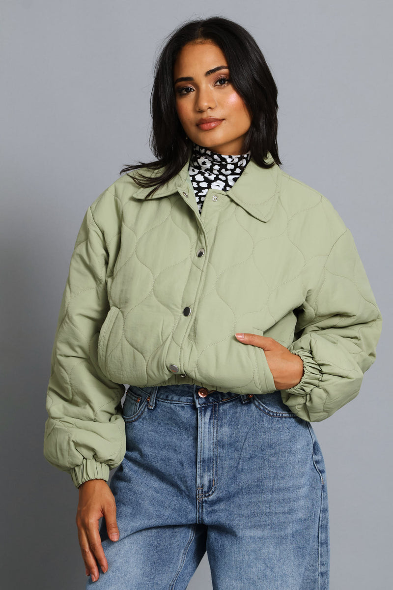 Crop Quilted Padded Bomber Jacket - Sage
