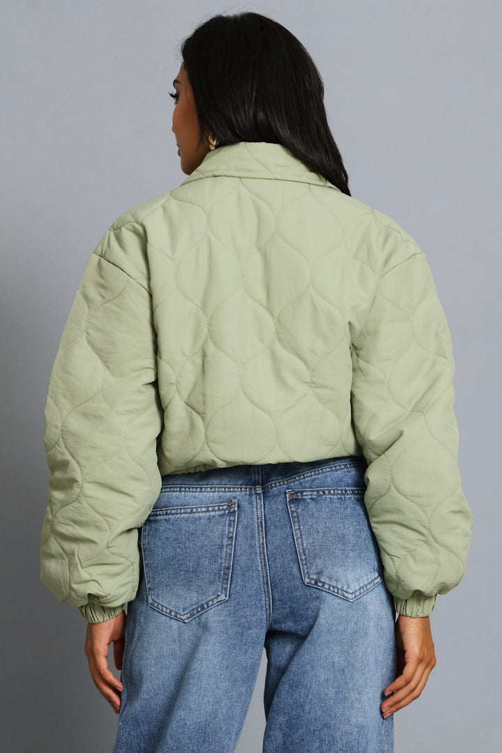 Crop Quilted Padded Bomber Jacket - Sage