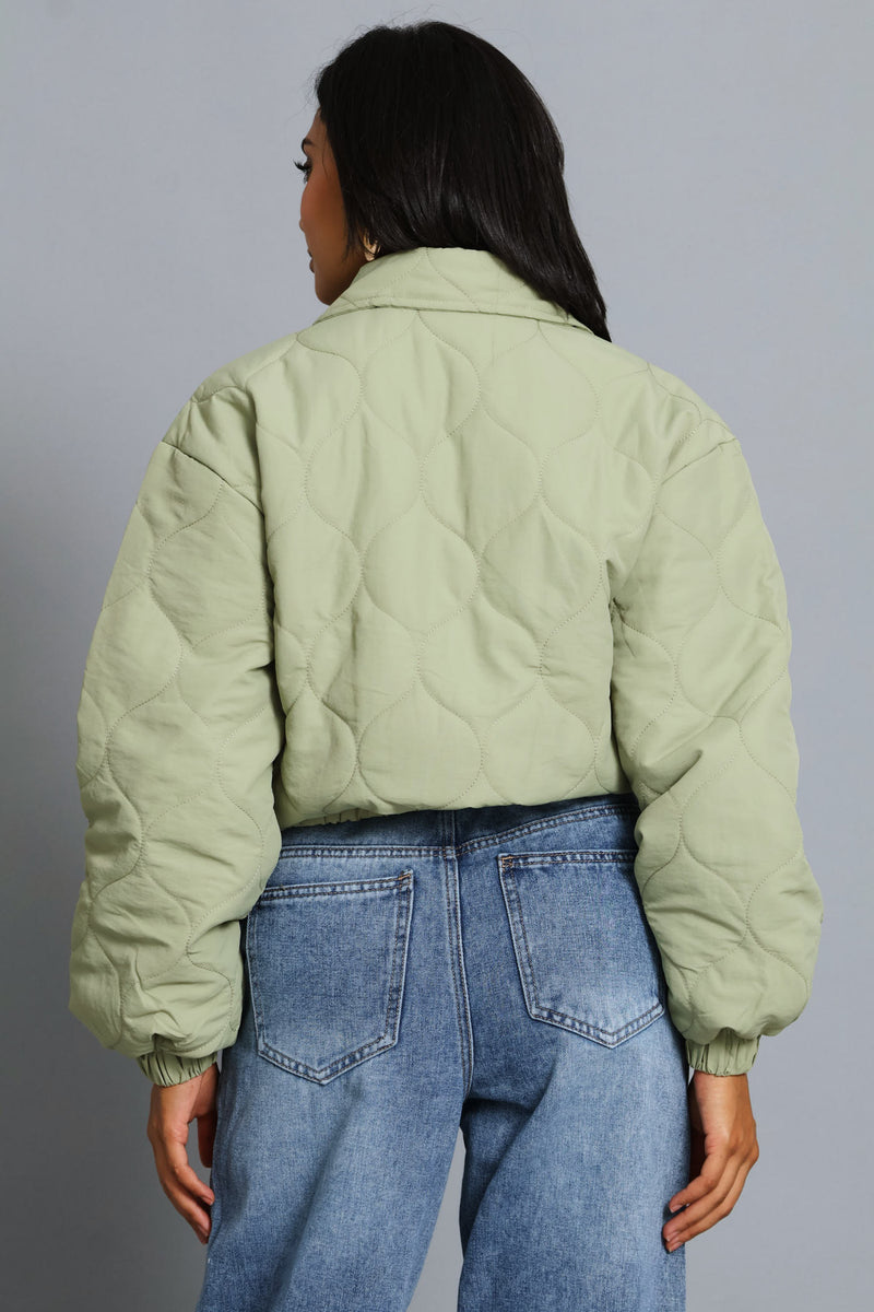 Crop Quilted Padded Bomber Jacket - Sage