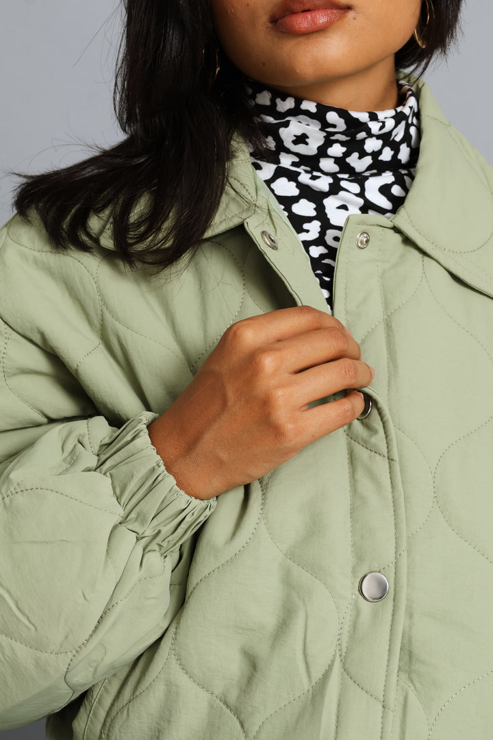 Crop Quilted Padded Bomber Jacket - Sage