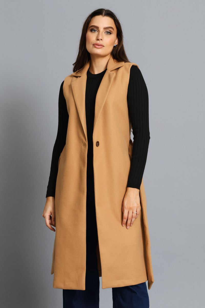 Sleeveless Belted Melton Gilet - Caramel