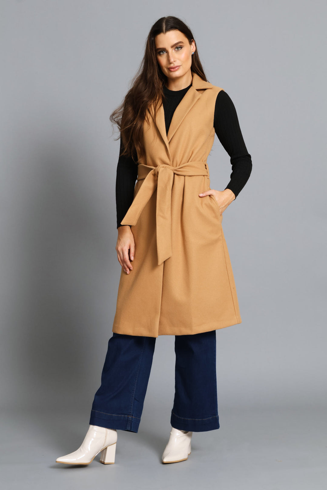 Sleeveless Belted Melton Gilet - Caramel
