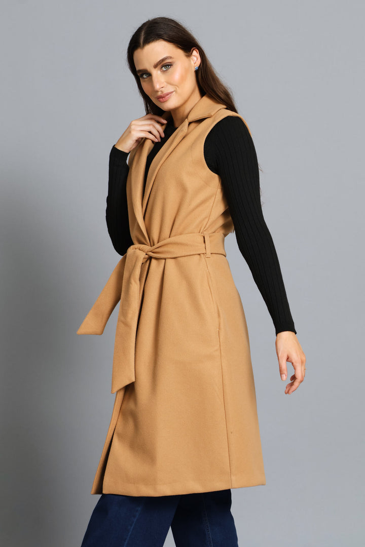 Sleeveless Belted Melton Gilet - Caramel