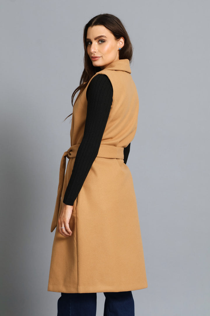 Sleeveless Belted Melton Gilet - Caramel