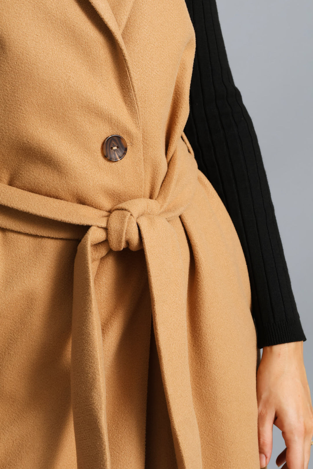 Sleeveless Belted Melton Gilet - Caramel