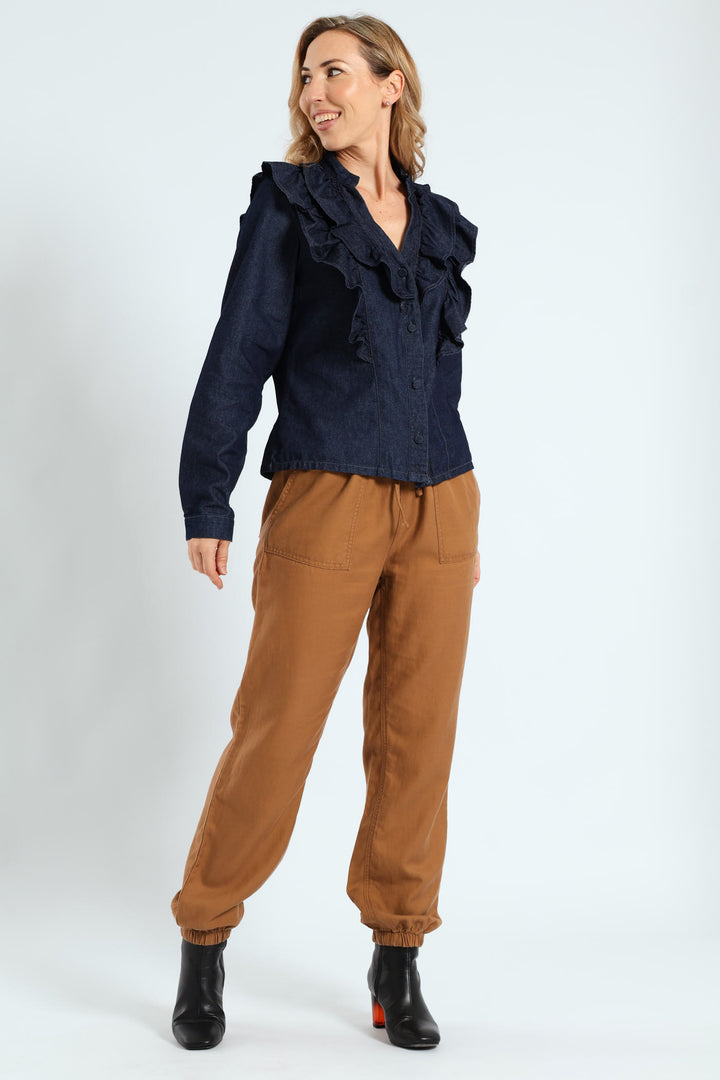 Long Sleeve Denim Frill Button Through Shirt - Ink