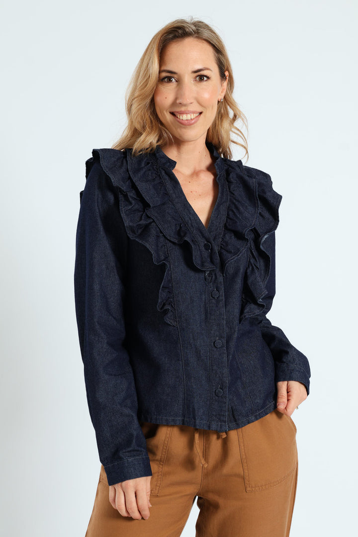 Long Sleeve Denim Frill Button Through Shirt - Ink