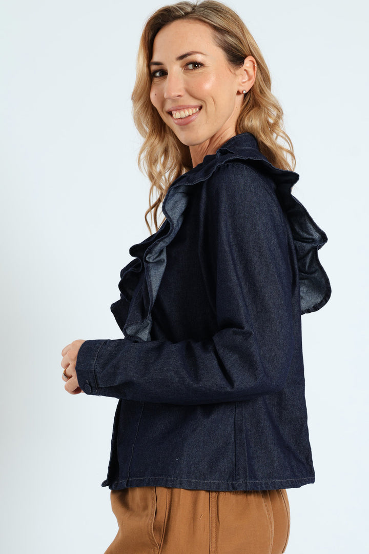 Long Sleeve Denim Frill Button Through Shirt - Ink