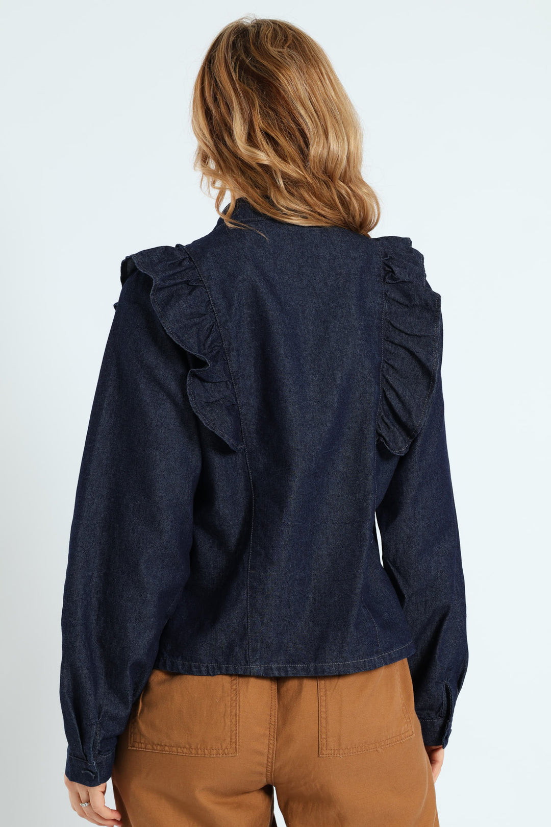 Long Sleeve Denim Frill Button Through Shirt - Ink