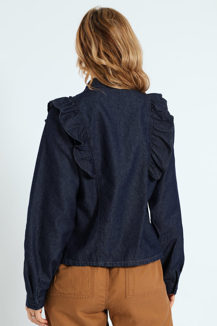 Long Sleeve Denim Frill Button Through Shirt - Ink