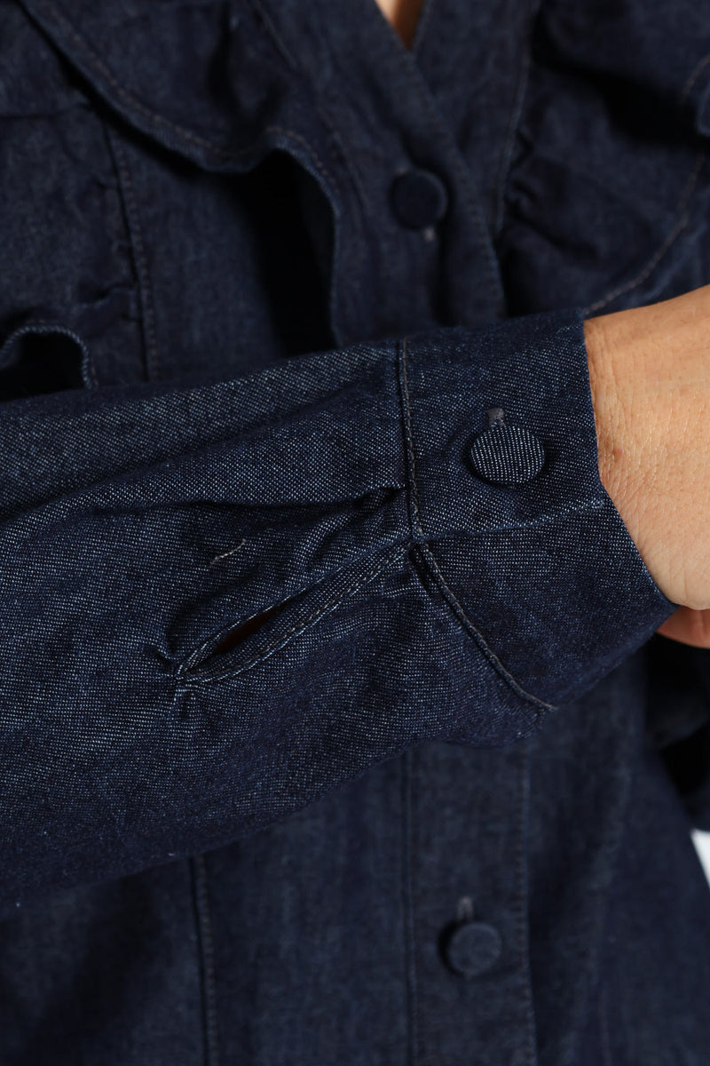 Long Sleeve Denim Frill Button Through Shirt - Ink