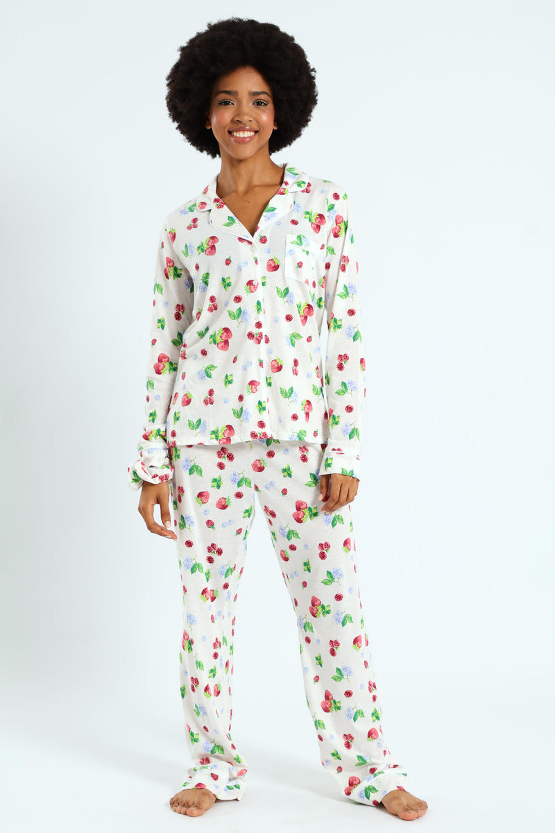 Long Sleeve Button Through & Knit Pant Set With Scrunchie - White
