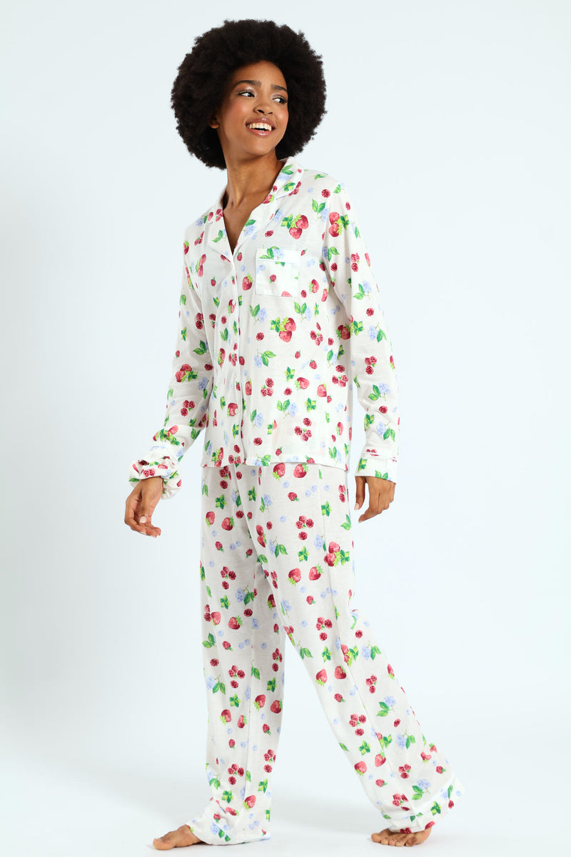 Long Sleeve Button Through & Knit Pant Set With Scrunchie - White