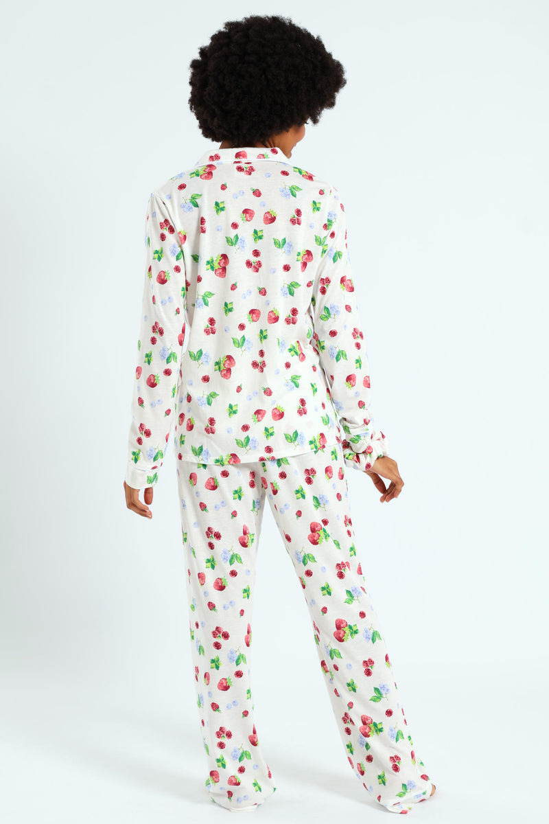 Long Sleeve Button Through & Knit Pant Set With Scrunchie - White
