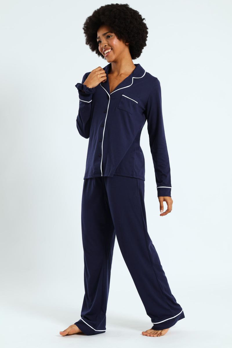Long Sleeve Button Thorugh & Knit Pant Set With Scrunchie - Navy