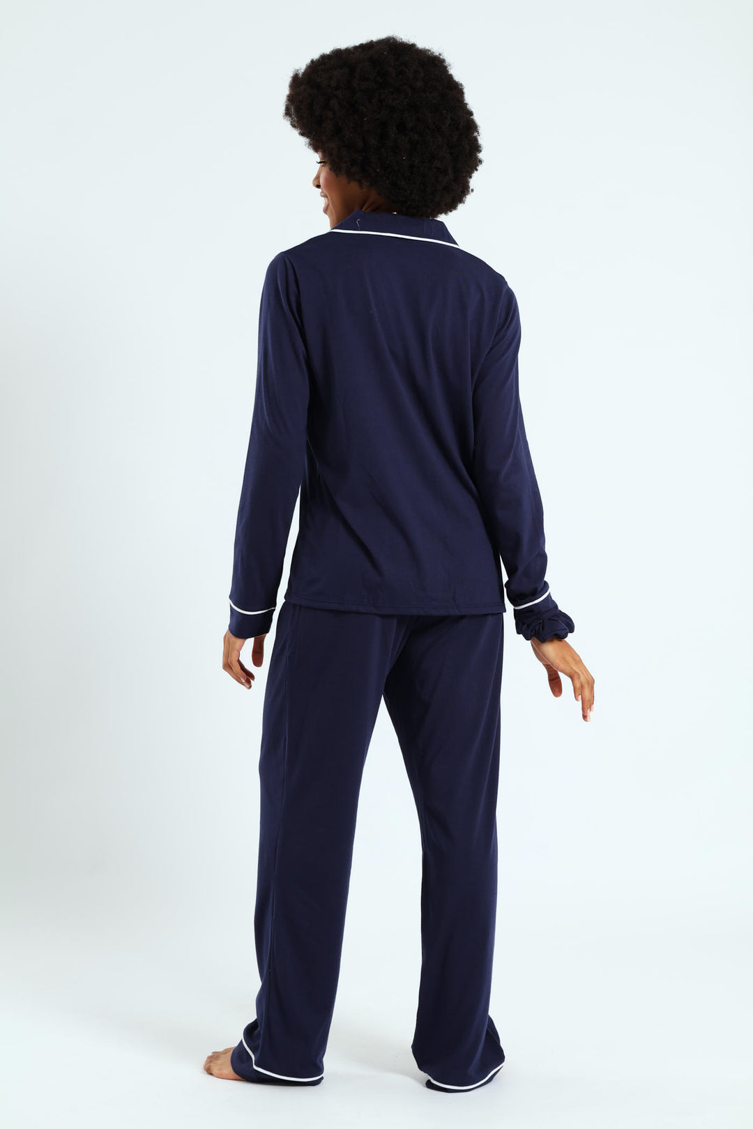 Long Sleeve Button Thorugh & Knit Pant Set With Scrunchie - Navy