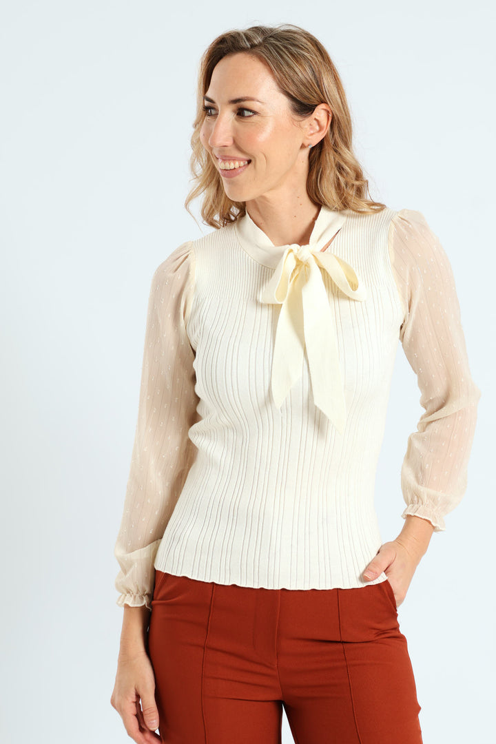 Kitty Bow Knitwear Combo Pullover - Cream