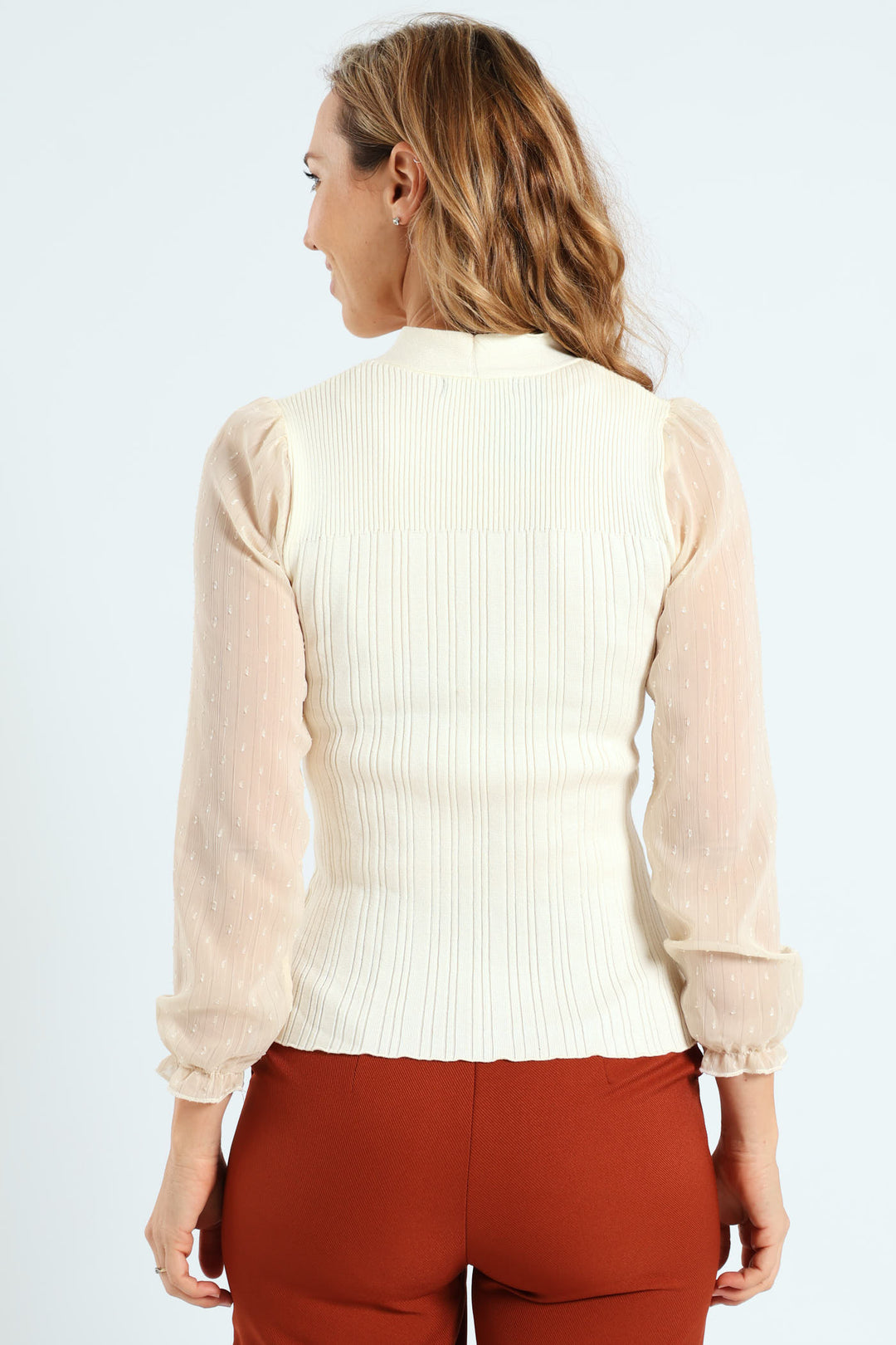 Kitty Bow Knitwear Combo Pullover - Cream