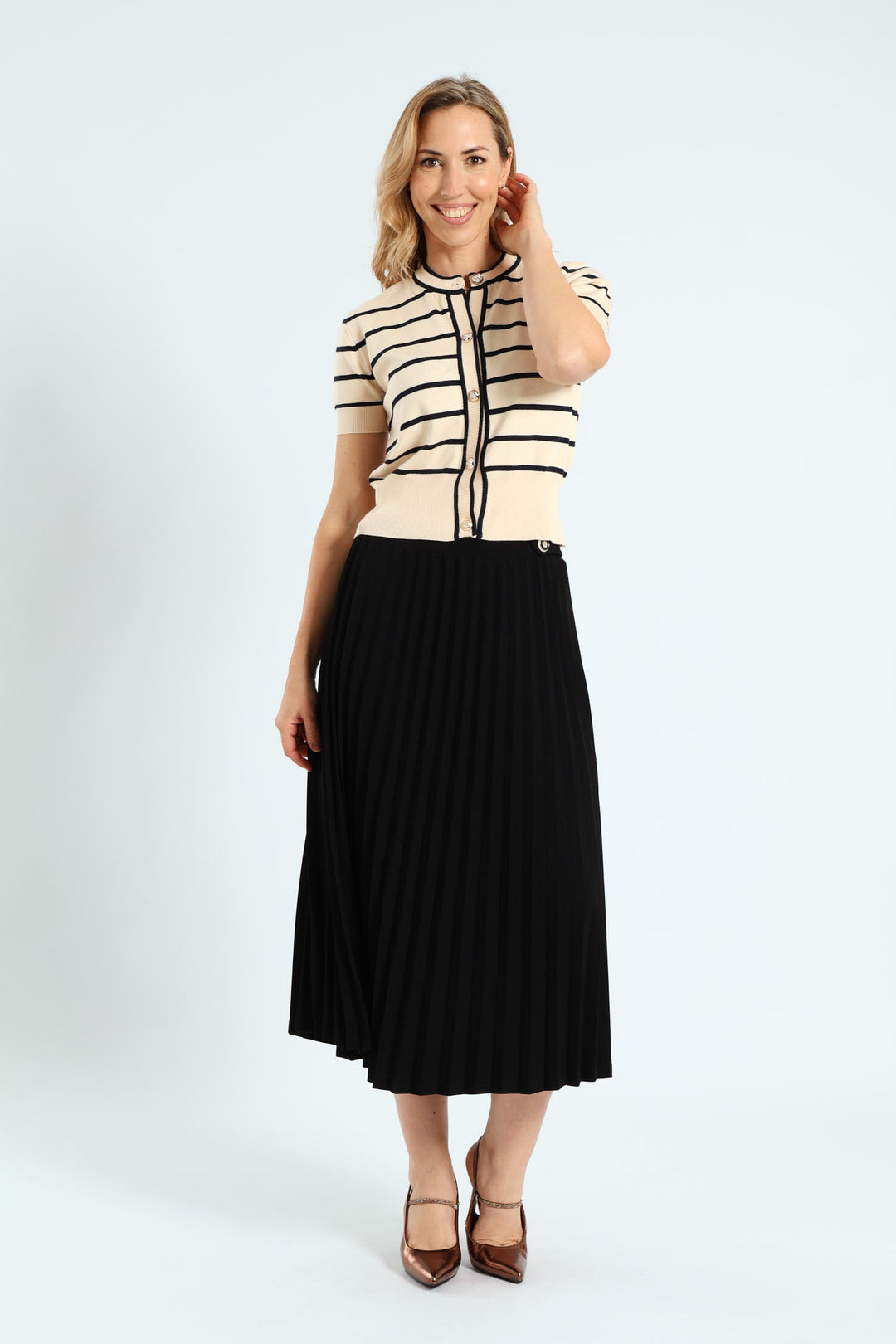 Short Sleeve Narrow Striped Cardigan - Taupe