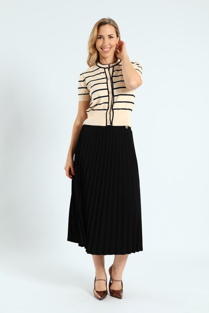 Short Sleeve Narrow Striped Cardigan - Taupe
