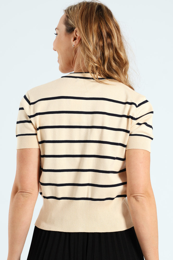 Short Sleeve Narrow Striped Cardigan - Taupe