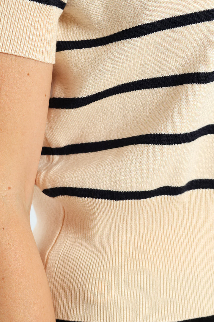 Short Sleeve Narrow Striped Cardigan - Taupe