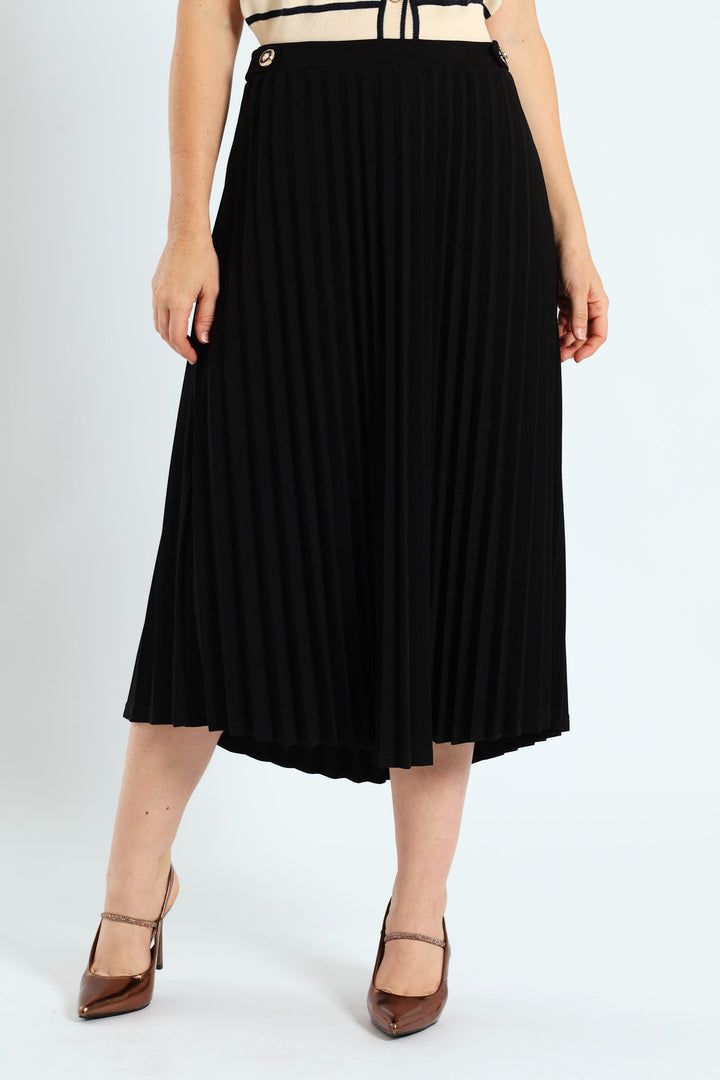 Tab Detail Pleated Midi Skirt - Black