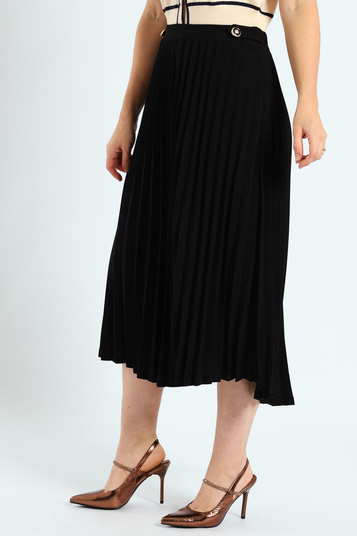 Tab Detail Pleated Midi Skirt - Black