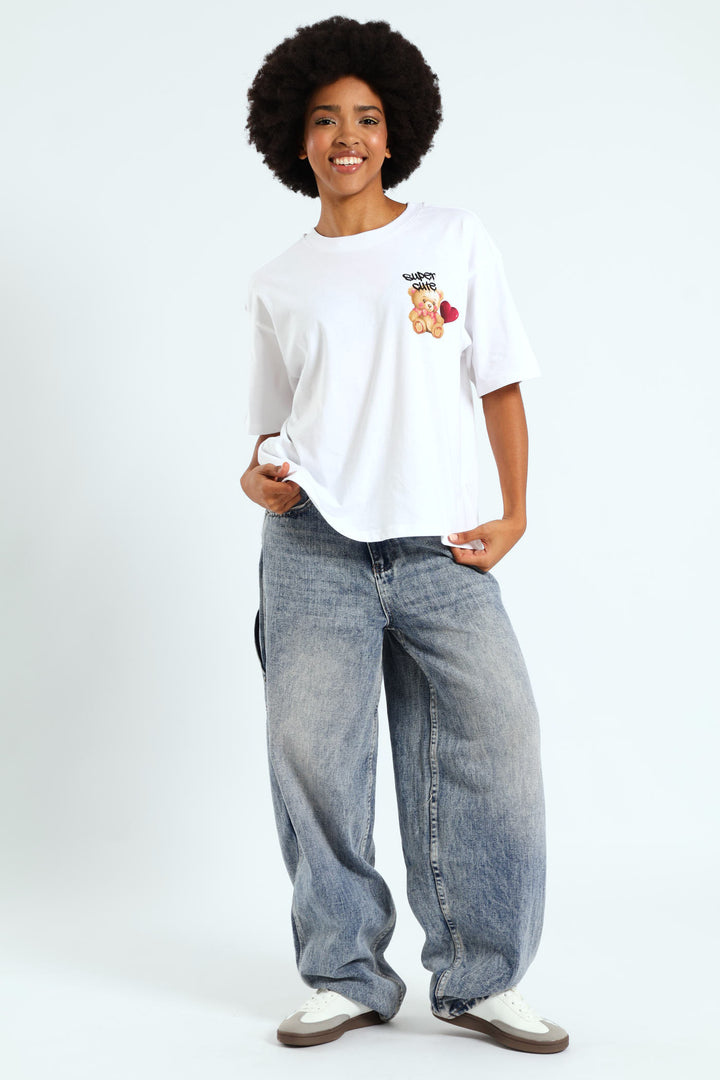 Oversized Teddy Heart Tee - White