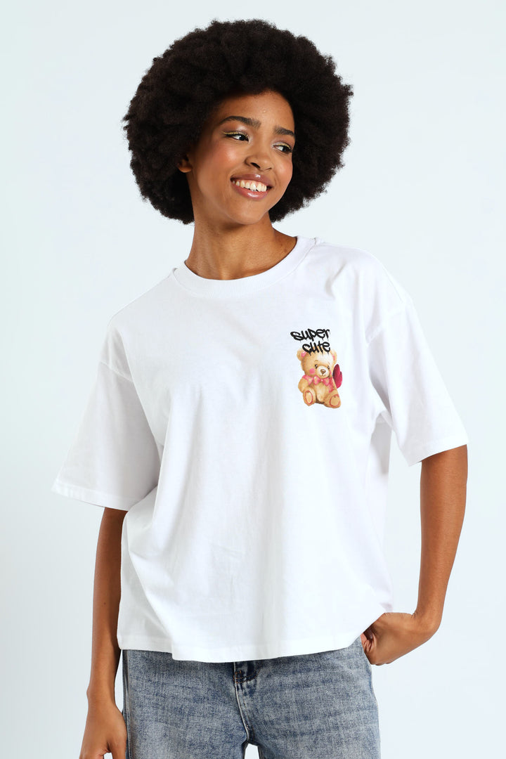 Oversized Teddy Heart Tee - White