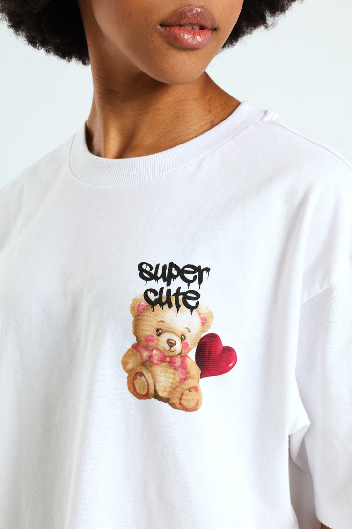 Oversized Teddy Heart Tee - White