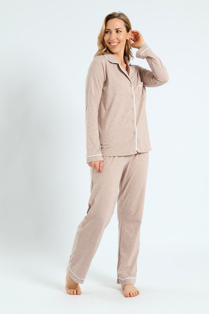 Long Sleeve Button Through & Knit Pant Set - Oatmeal