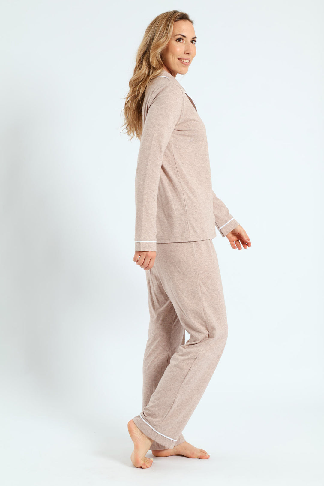 Long Sleeve Button Through & Knit Pant Set - Oatmeal