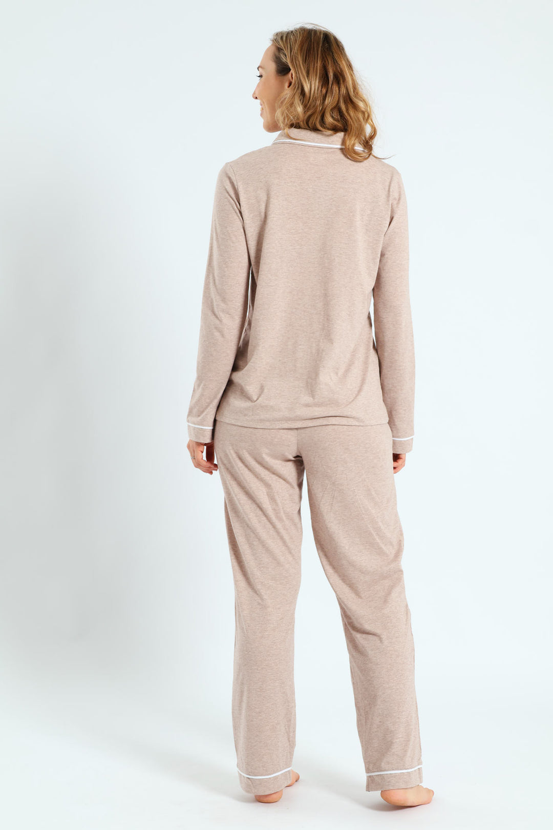 Long Sleeve Button Through & Knit Pant Set - Oatmeal