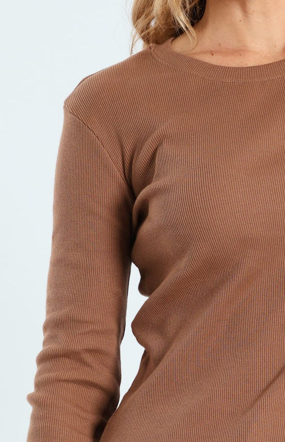 Long Sleeve Rib Crew Top - Rich Cocoa
