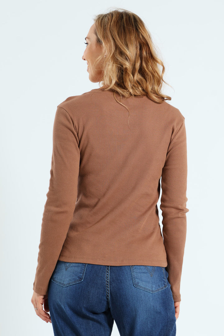 Long Sleeve Rib Crew Top - Rich Cocoa