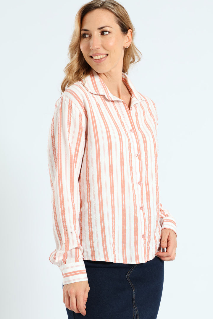 Long Sleeve Yarn Dye Stripe Seersucker Oversized Shirt - White/Blush