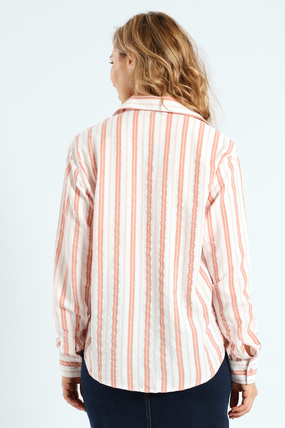 Long Sleeve Yarn Dye Stripe Seersucker Oversized Shirt - White/Blush